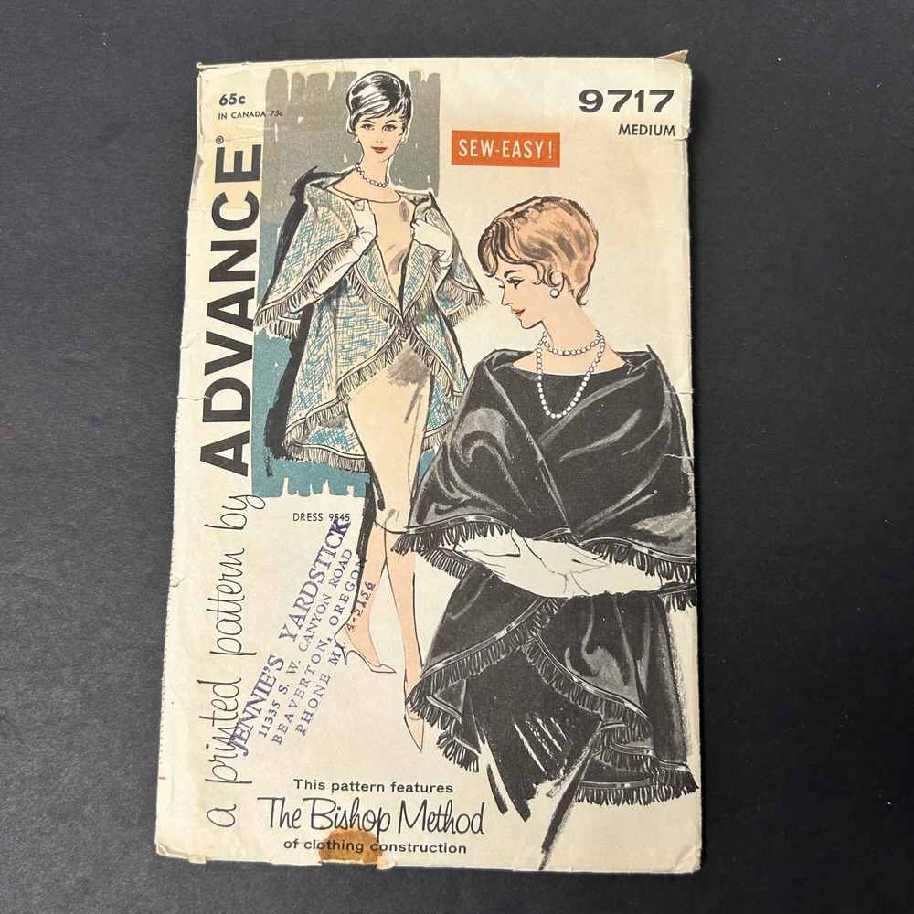 Vintage 60's Advance 9717 Sewing Pattern Misses Medium Cape Bishop
